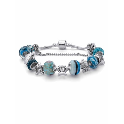 Round Blue Crystal &quot;Sea Life&quot; Turtle and Starfish Charm Bracelet Silvertone 8&quot; Length