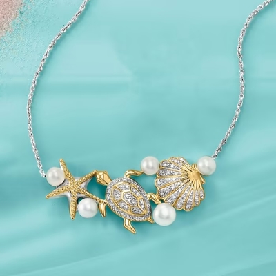 4-5.5mm Cultured Pearl and .14 ct. t.w. Diamond Sea Life Necklace in Sterling Silver and 18kt Gold Over Sterling Details