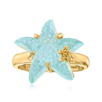 Italian Blue Enamel Starfish Hoop Earrings in 14kt Yellow Gold. 1 1/4