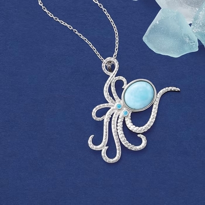 Larimar Octopus Pendant Necklace In Sterling Silver With CZ Accents