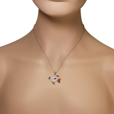 Sea Life Red Enamel White Clear CZ Fish Pendant Necklace 925 Sterling Silver