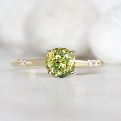 Delicate Dainty Women Jewelry  CZ Accents Round Green Sapphire S925 Gold Plated Engagement Promise Ring