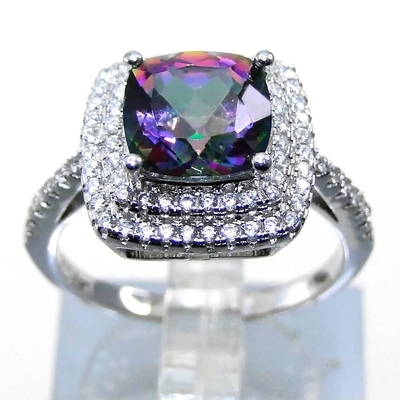 14K Rose Gold Plated Heart Cut Mystic Topaz White CZ Halo Gemstone Engagement Rings
