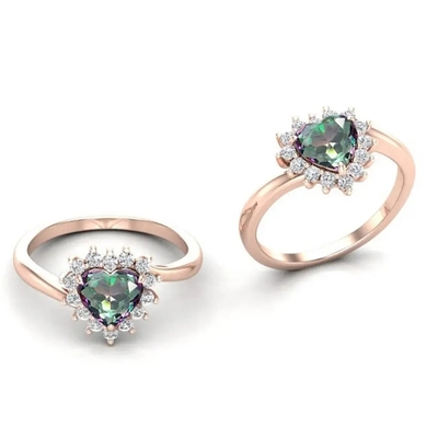 14K Rose Gold Plated Heart Cut Mystic Topaz White CZ Halo Gemstone Engagement Rings