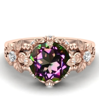 14K Gold Plated Sterling Silver Vintage Art Round Cut Mystic  White Topaz Gemstone Engagement Rings