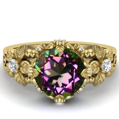 14K Gold Plated Sterling Silver Vintage Art Round Cut Mystic  White Topaz Gemstone Engagement Rings