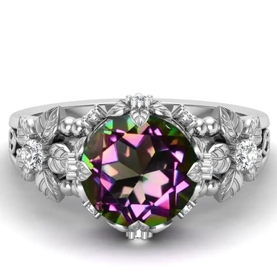 14K Gold Plated Sterling Silver Vintage Art Round Cut Mystic  White Topaz Gemstone Engagement Rings