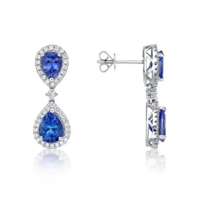 925 Sterling Silver Blue Color Tanzanite Stone Jewelry Double Pear Shaped Earrings