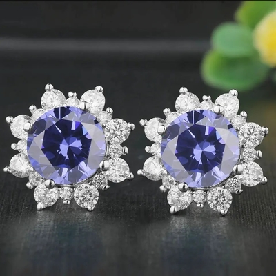 14K Yellow Gold Jewelry CZ Halo Oval Cut Premium Green Tanzanite Stud Earrings Women's Classic Earrings