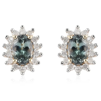 14K Yellow Gold Jewelry CZ Halo Oval Cut Premium Green Tanzanite Stud Earrings Women's Classic Earrings
