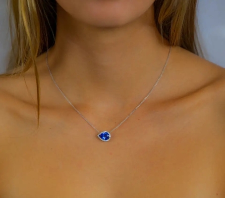 925 Sterling Silver Elegant Sapphire CZ Necklace Simple Design Prefer For Women Gift