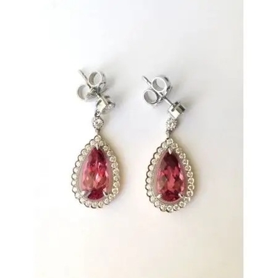 S925 Yellow Gold Plated Natural Pear Shaped Pink Tourmaline Earrings Halo CZ