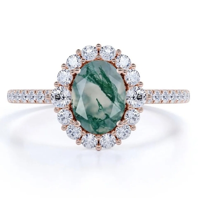 Unique S925 Rose Gold Plated Round Cut White CZ Jewelry Natural Moss Agate Rings Top Quality Design Factory Ring