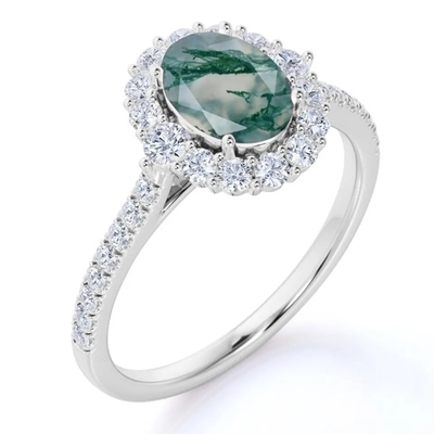 Unique S925 Rose Gold Plated Round Cut White CZ Jewelry Natural Moss Agate Rings Top Quality Design Factory Ring