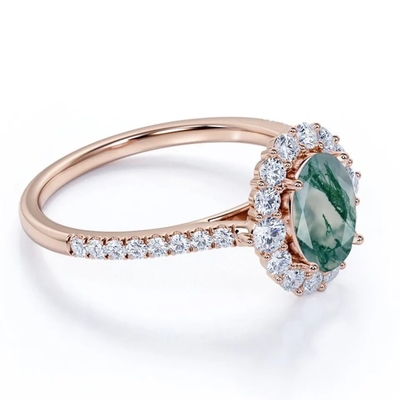 Unique S925 Rose Gold Plated Round Cut White CZ Jewelry Natural Moss Agate Rings Top Quality Design Factory Ring