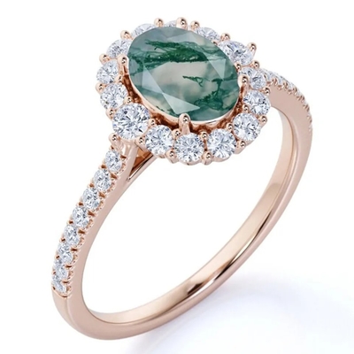 Unique S925 Rose Gold Plated Round Cut White CZ Jewelry Natural Moss Agate Rings Top Quality Design Factory Ring