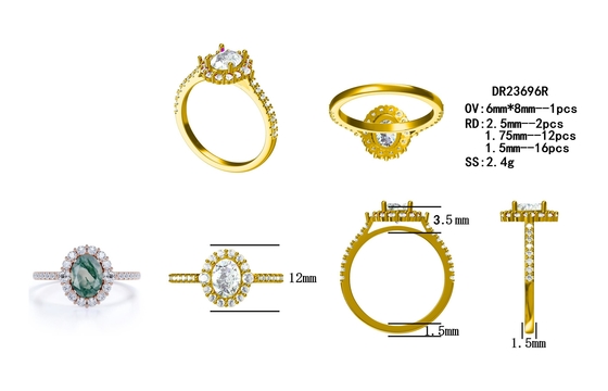 Unique S925 Rose Gold Plated Round Cut White CZ Jewelry Natural Moss Agate Rings Top Quality Design Factory Ring