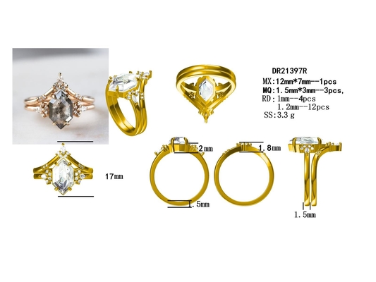 925 Silver Hexagon Cut Salt and Pepper Diamond Moissanite Ring Curved Matching Women Ring Sets