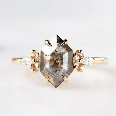 925 Silver Hexagon Cut Salt and Pepper Diamond Moissanite Ring Curved Matching Women Ring Sets