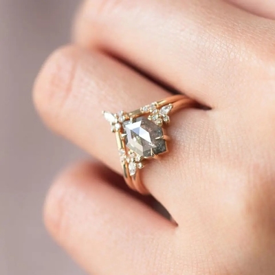 925 Silver Hexagon Cut Salt and Pepper Diamond Moissanite Ring Curved Matching Women Ring Sets