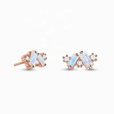 Rose Gold Plated 925 Sterling Silver Rainbow Moonstone Earrings Baguette cut Natural Moonstone Stud Earring Jewelry