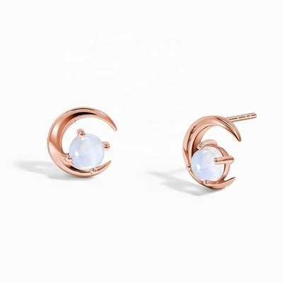 Rose Gold Plated 925 Sterling Silver Rainbow Moonstone Earrings Baguette cut Natural Moonstone Stud Earring Jewelry