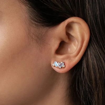 Rose Gold Plated 925 Sterling Silver Rainbow Moonstone Earrings Baguette cut Natural Moonstone Stud Earring Jewelry