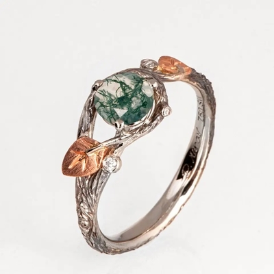 925 Silver Green Round Shaped Moss Crystal Meaning Agate Jewelry For Sale Unique Wedding Ring