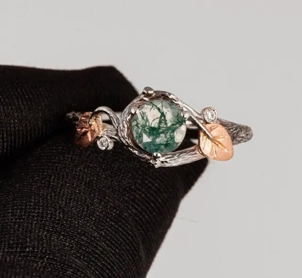 925 Silver Green Round Shaped Moss Crystal Meaning Agate Jewelry For Sale Unique Wedding Ring