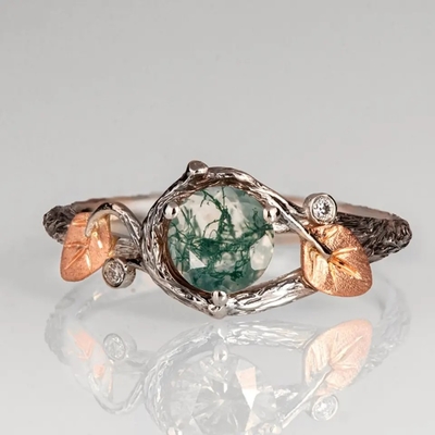 925 Silver Green Round Shaped Moss Crystal Meaning Agate Jewelry For Sale Unique Wedding Ring