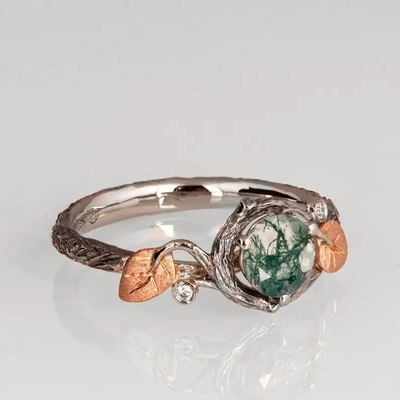 925 Silver Green Round Shaped Moss Crystal Meaning Agate Jewelry For Sale Unique Wedding Ring