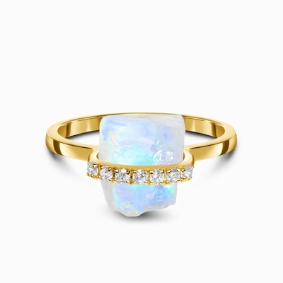 925 Sterling Silver Natural Raw Stone Moonstone Gemstone Jewelry Wedding Engagement Ring