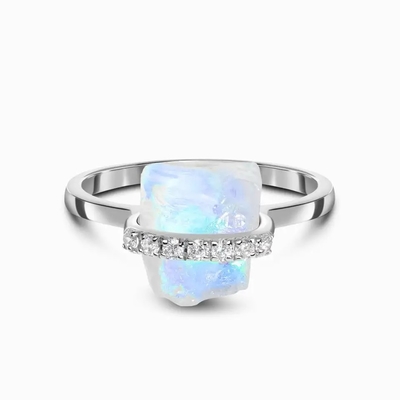 925 Sterling Silver Natural Raw Stone Moonstone Gemstone Jewelry Wedding Engagement Ring