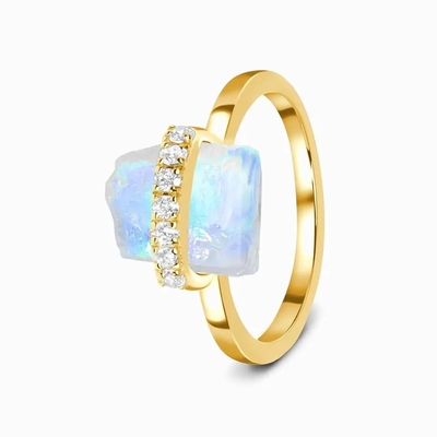 925 Sterling Silver Natural Raw Stone Moonstone Gemstone Jewelry Wedding Engagement Ring