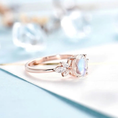 Rose gold Women 925 Sterling Silver Bridal Marquise Jewelry Faceted Oval cut Moonstone Engagement Ring For Women