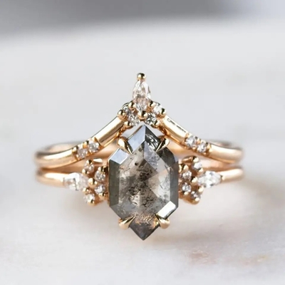 Hexagon Cut Salt and Pepper CZ Moissanite 925 Silver Ring Curved Matching