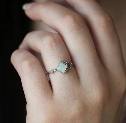 Square CZ Rhodium Plated Natural Opal Ring 925 Sterling Silver Graceful Jewelry