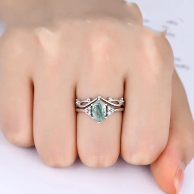 Engagement 925 Sterling Silver Hexagon Cut Natural Quartz Ring Real Green Moss Agate