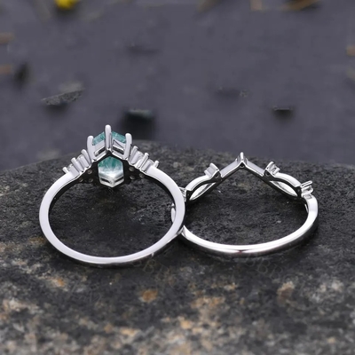 Engagement 925 Sterling Silver Hexagon Cut Natural Quartz Ring Real Green Moss Agate