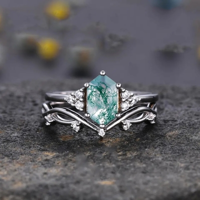 Engagement 925 Sterling Silver Hexagon Cut Natural Quartz Ring Real Green Moss Agate