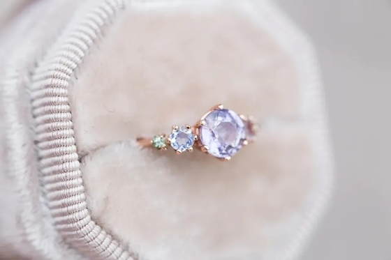 Natural Lavender Quartz Ring , 925 Sterling Silver Rose Gold Plated Five Stone Ring