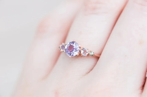 Natural Lavender Quartz Ring , 925 Sterling Silver Rose Gold Plated Five Stone Ring