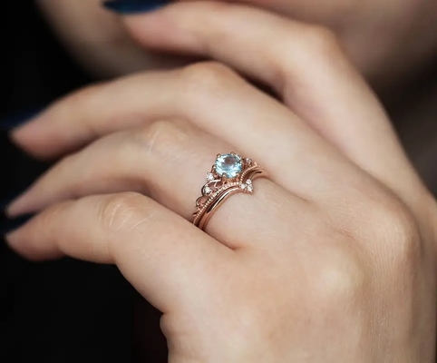 Delicate S925 Rose Gold Plated Natural Round Shape Aquamarine Ring Women Jewelry