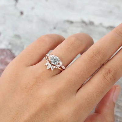 925 Silver Jewelry Moissanite Ring Rose Gold Gray Moissanite Engagement Ring Set Marquise Cut Bridal Ring