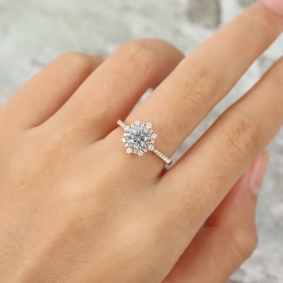 925 Silver Vintage Rose Gold Halo Gray Moissanite Ring 1ct Moissanite Anniversary Ring Wedding Ring