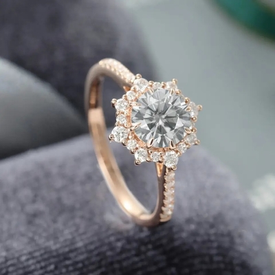 925 Silver Vintage Rose Gold Halo Gray Moissanite Ring 1ct Moissanite Anniversary Ring Wedding Ring