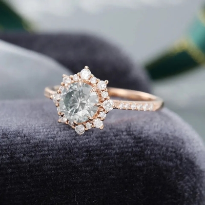925 Silver Vintage Rose Gold Halo Gray Moissanite Ring 1ct Moissanite Anniversary Ring Wedding Ring