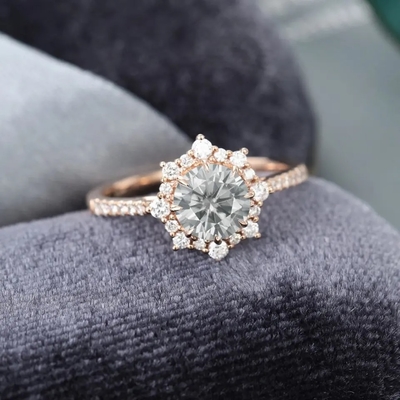 925 Silver Vintage Rose Gold Halo Gray Moissanite Ring 1ct Moissanite Anniversary Ring Wedding Ring