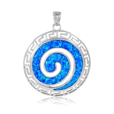 925 Sterling Silver Hawaiian Blue Fire Opal Greek Key Meander Meandros Spiral Crystal Pendant