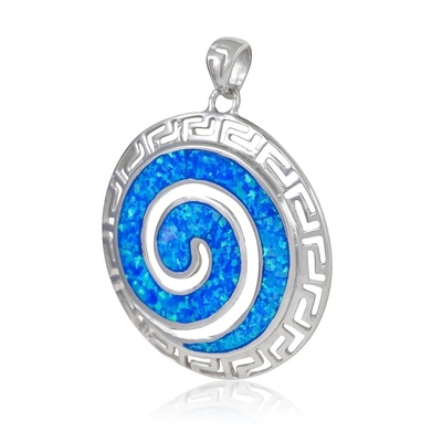 925 Sterling Silver Hawaiian Blue Fire Opal Greek Key Meander Meandros Spiral Crystal Pendant